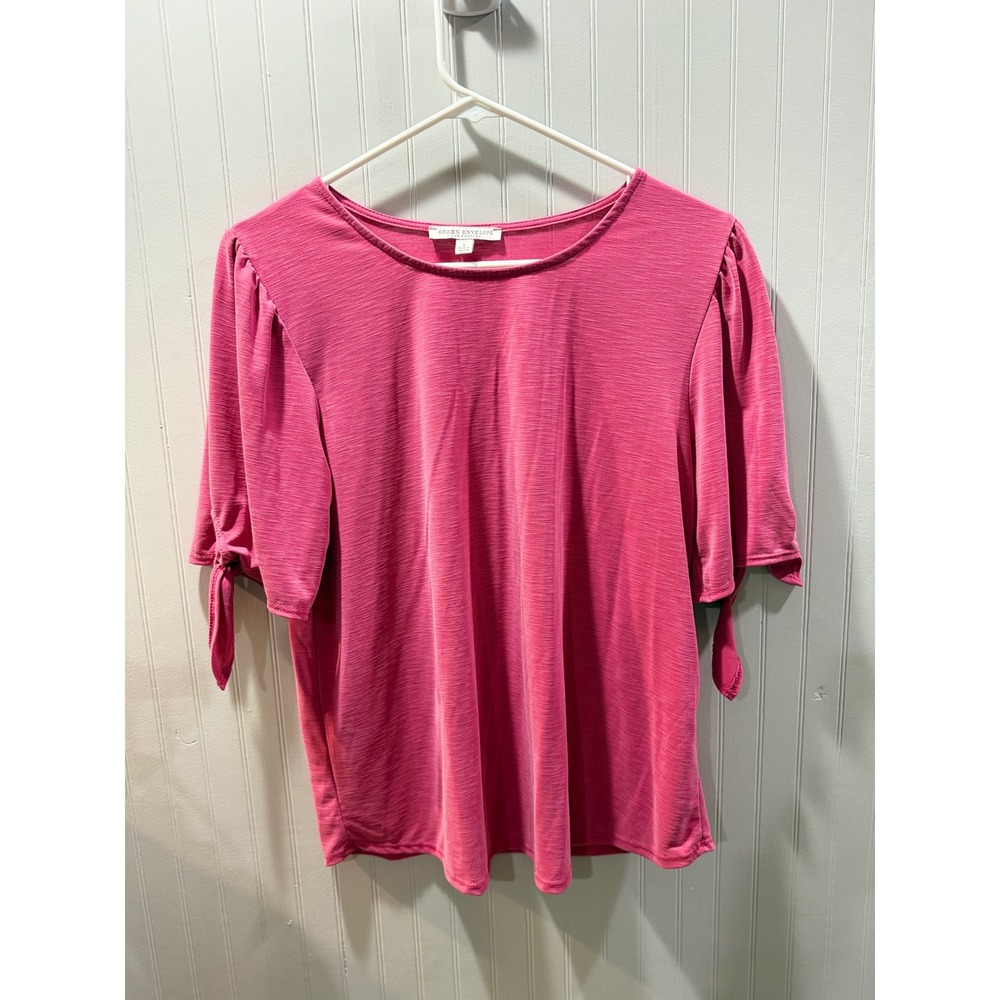 Green Envelope Los Angeles Pink Puff Sleeve Tie Cuff Knit Blouse Top Large